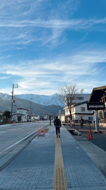 A person walks along a street in Tokyo with snow-capped mountains under a clear blue sky.