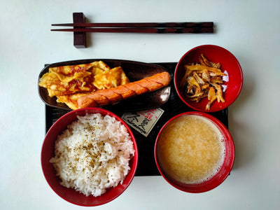Scrumptious Japanese breakfast set with rice, miso soup, omelette, and anchovies in Bandar Baru Bangi, Malaysia.